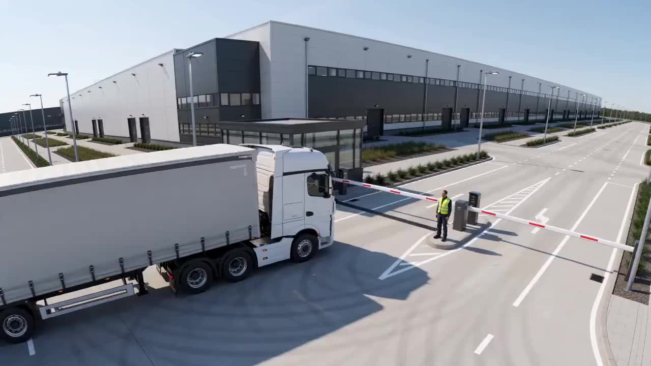 Gate camera view: an articulated lorry waits at the barrier, the barrier rises and the lorry drives through.