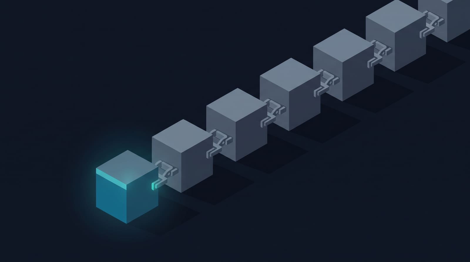 Isometric illustration: a chain of sealed record blocks, each locked to the previous one.