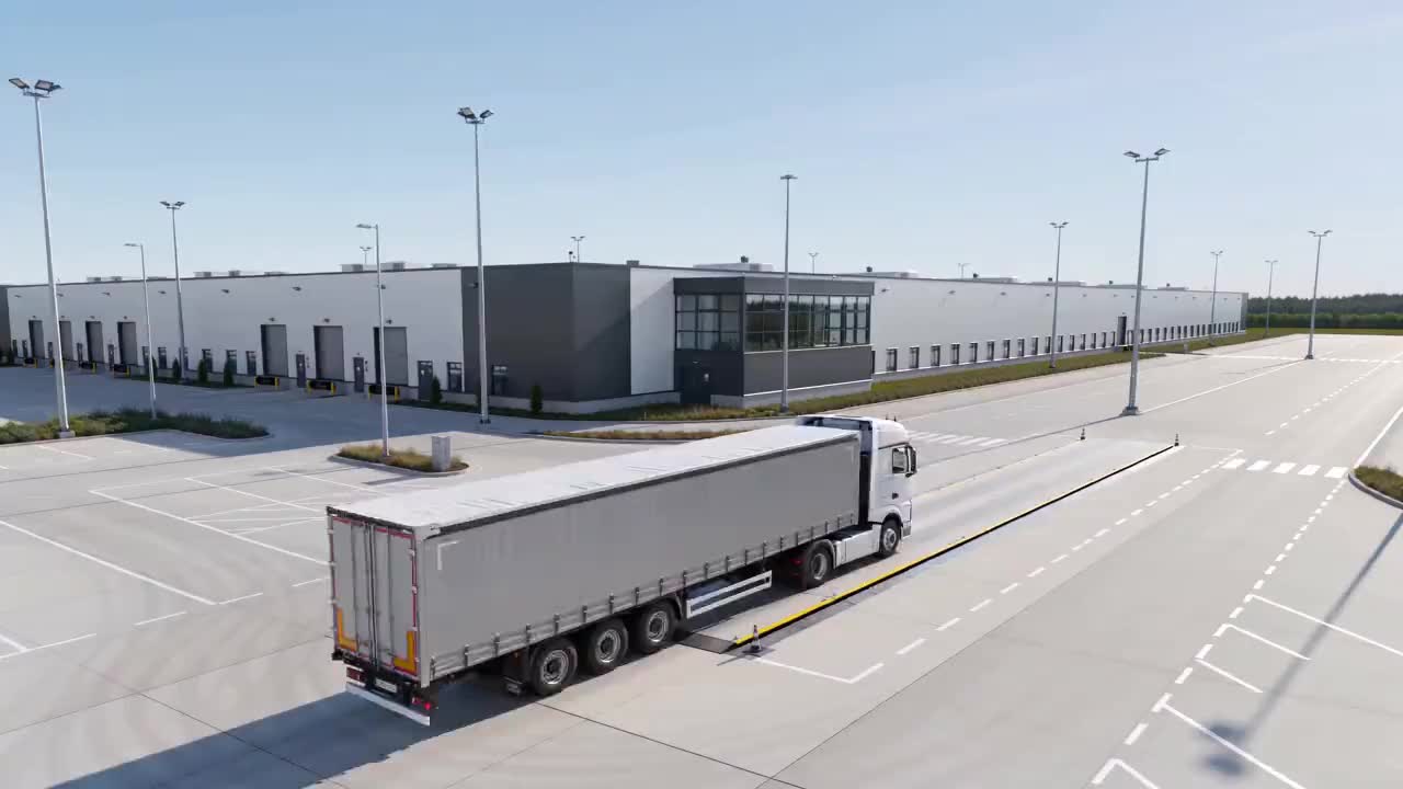 Weighbridge camera view: a loaded lorry rolls onto the weighbridge platform and comes to a stop.