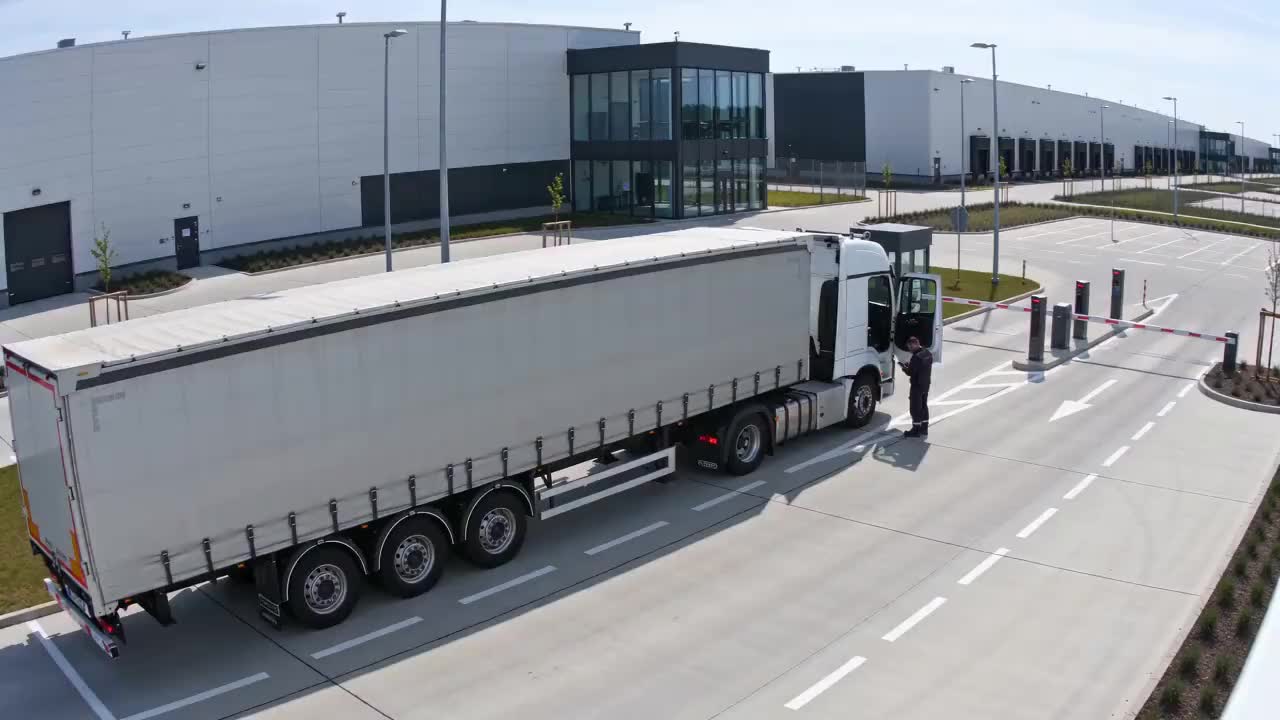Gate camera view: a lorry driver stands beside the cab holding a phone while the truck waits at the gate.